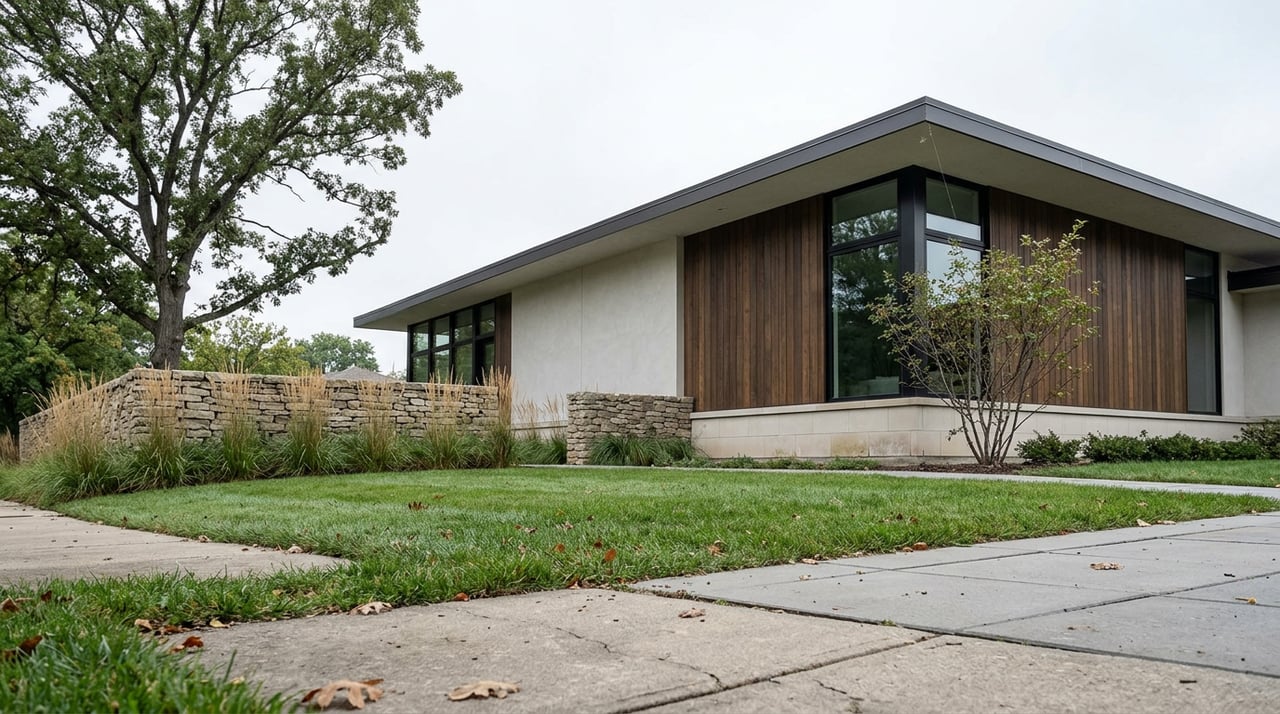 Contemporary home with stucco and cedar facade, bordered by a fieldstone wall, lawn, and paved path beneath an oak.