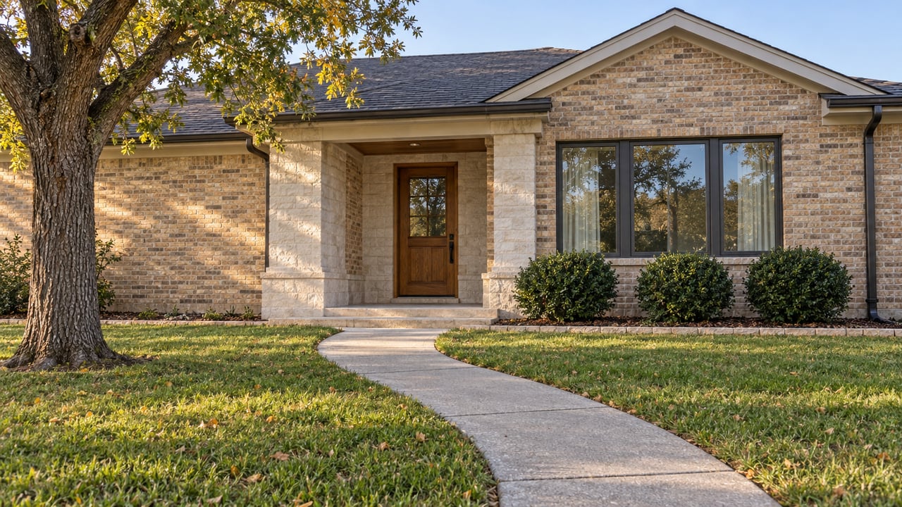 Morning light across a deep front lawn and concrete approach to a buff-brick home with a limestone entry and dark-framed windows.