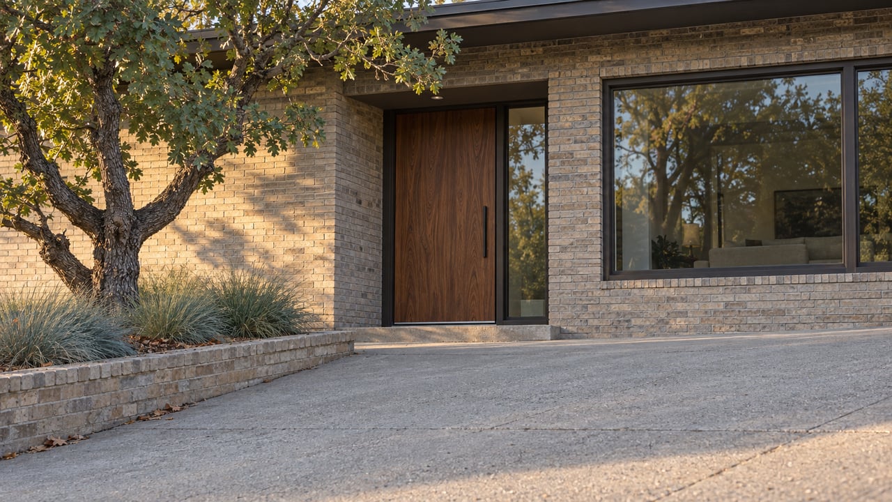 Hillside house with a recessed walnut door, brick facade, and oak tree beside a sloping concrete approach.