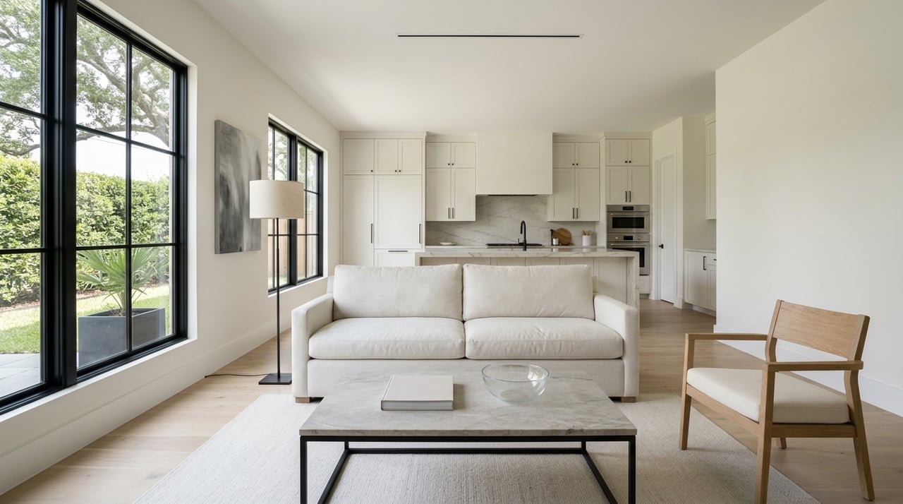 Living room and kitchen with windows overlooking planting, a narrow lawn, and sky.