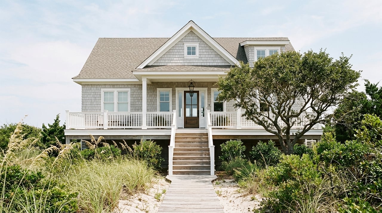 Raised coastal home with white-railed stairs, a weathered boardwalk, and dune grass in sandy foreground.