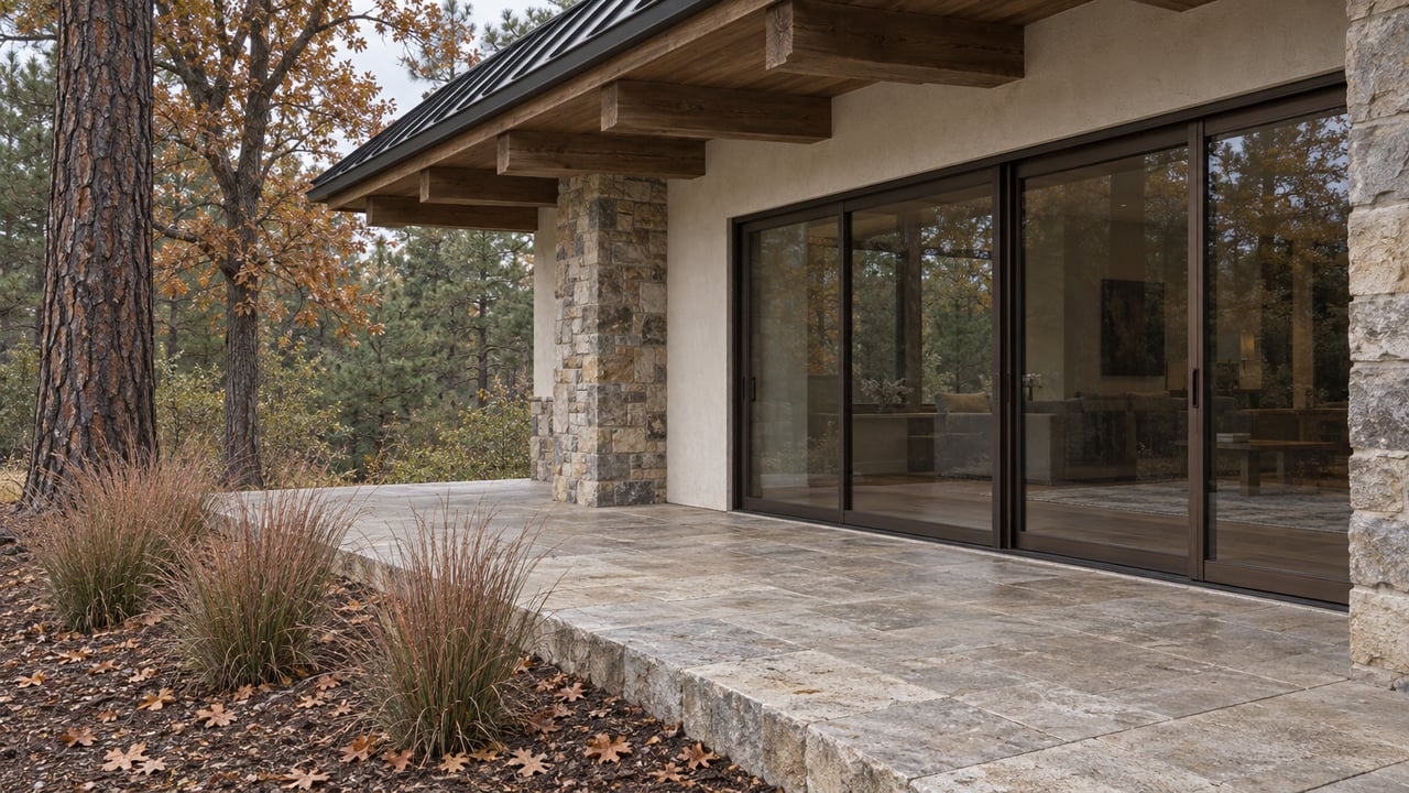 Covered limestone terrace beside an off-white stucco house, with a glazed sliding door, stone pier, and autumn trees.