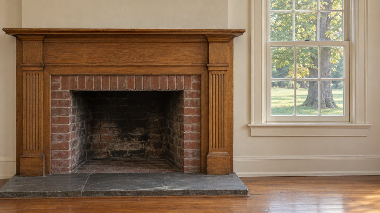 Honey-toned oak fireplace mantel with paired fluted supports, red-brick firebox, and raised slate hearth beside an ivory-painted multi-pane window.