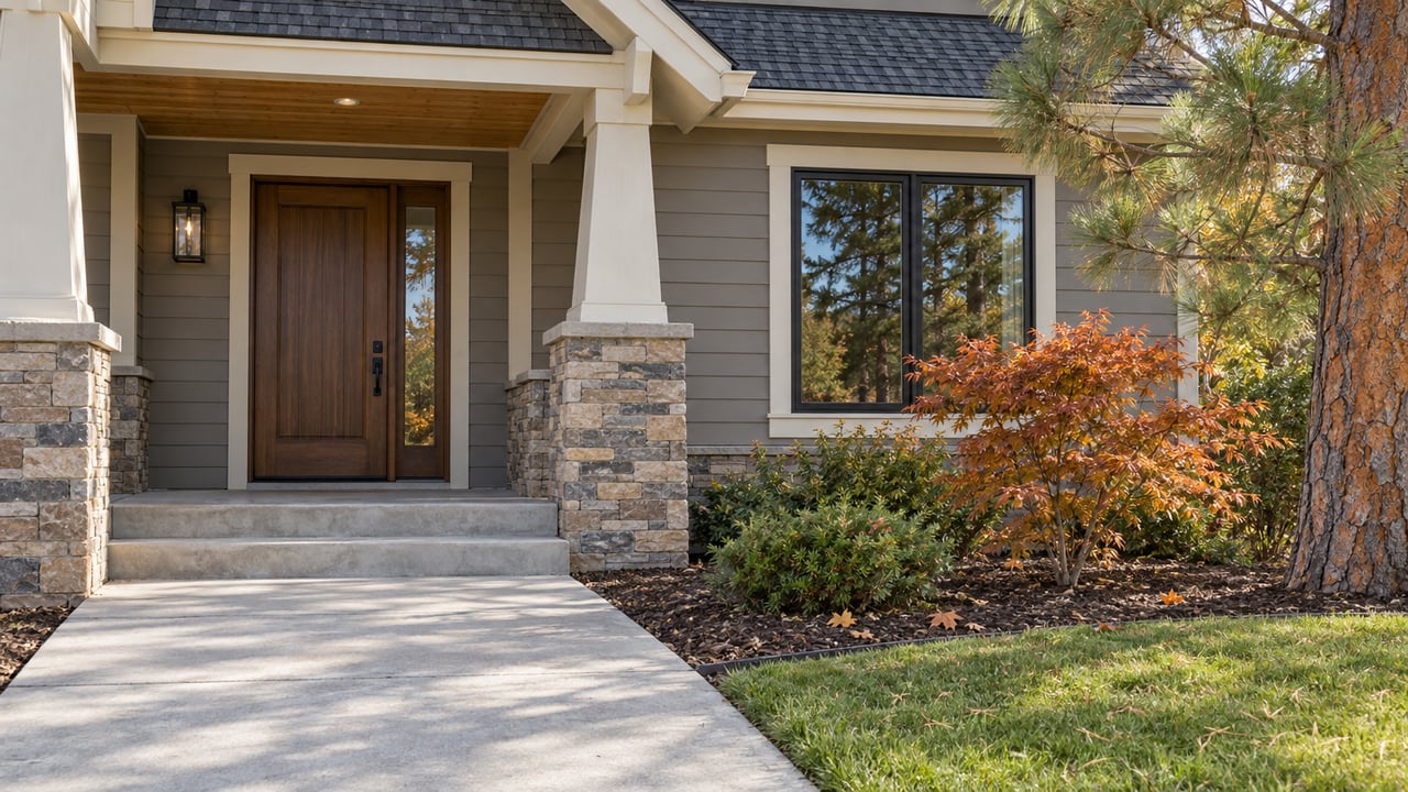 Autumn morning light on a stone-and-gray-sided home entry with a walnut door, timber porch ceiling, pine and orange maple foliage.