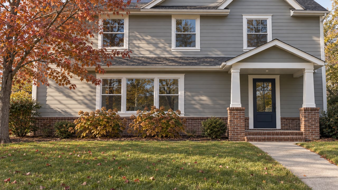 Two-story gray-sided home with white trim, a brick porch and a deep autumn lawn beneath a red maple.