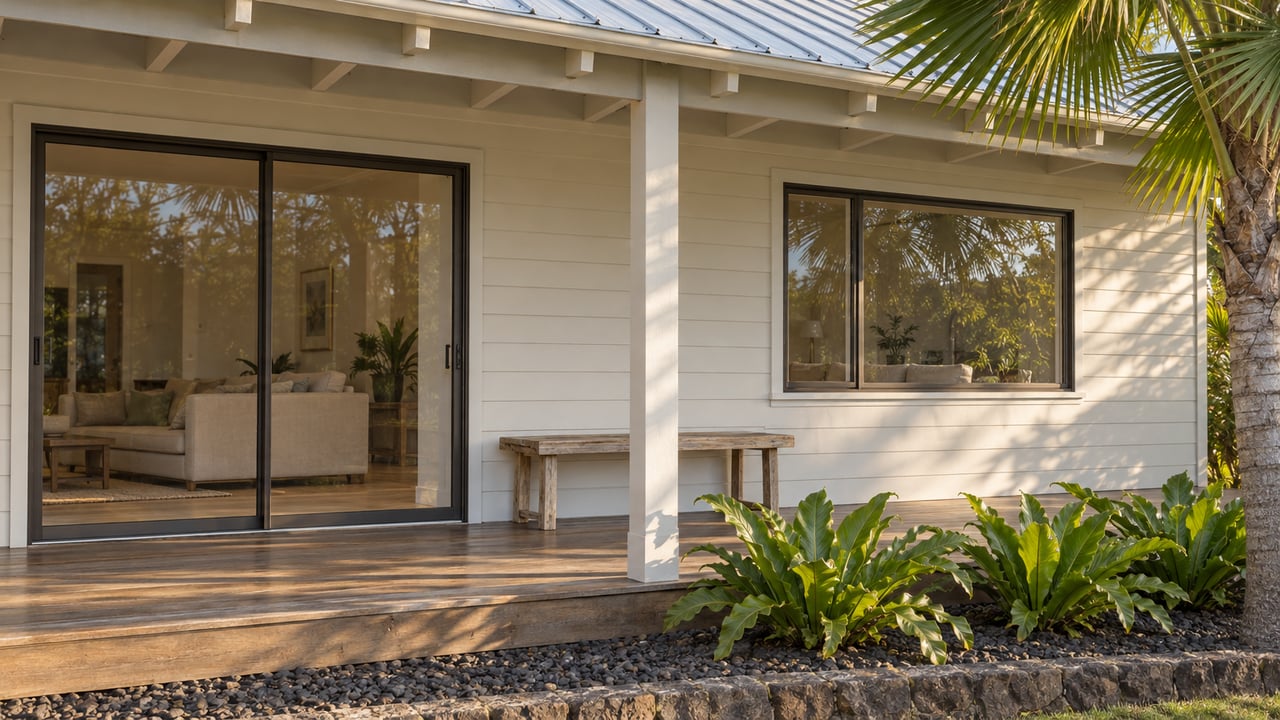 Sunlit covered lanai with cream timber siding, bronze-framed glass doors, weathered hardwood decking and sculptural fan-palm foliage.