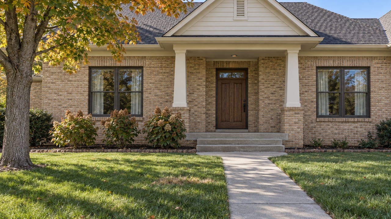 An established buff-brick home with a pale gable, oak entry door and deep front lawn in early-autumn sunlight.