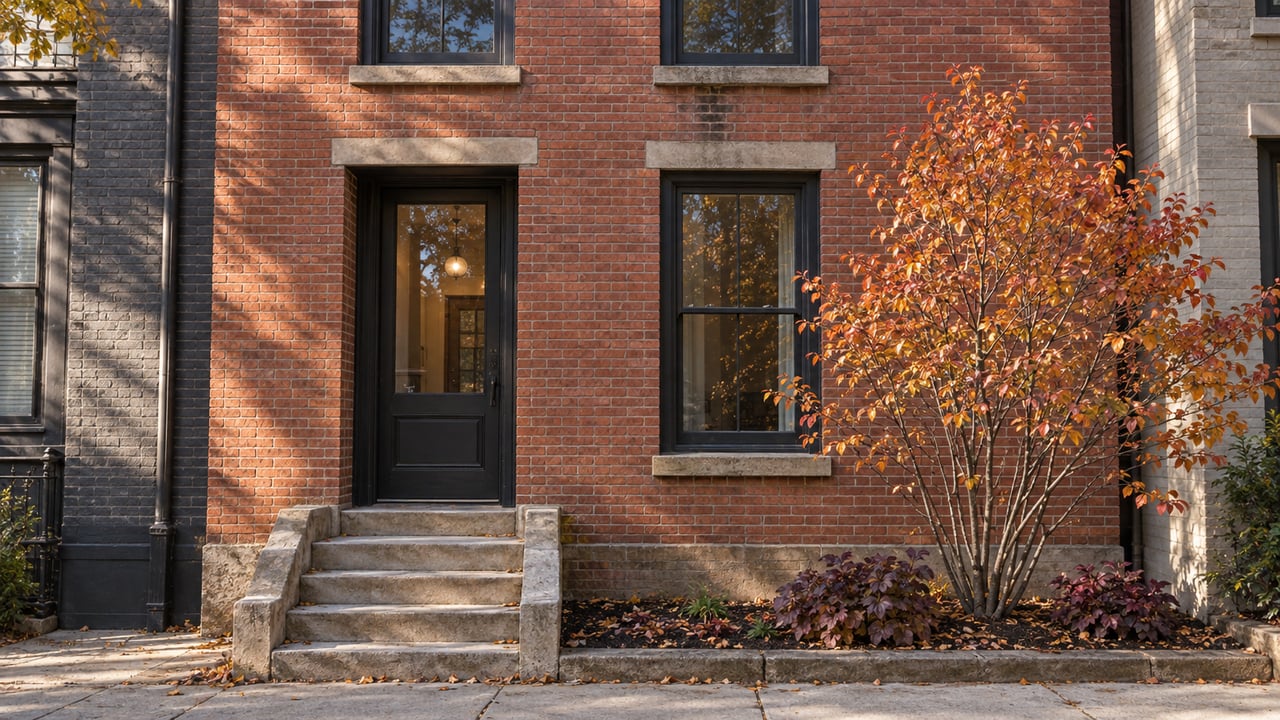 Two-story red brick home with dark sash windows, a limestone stoop, and copper-orange leaves in a narrow planting bed.
