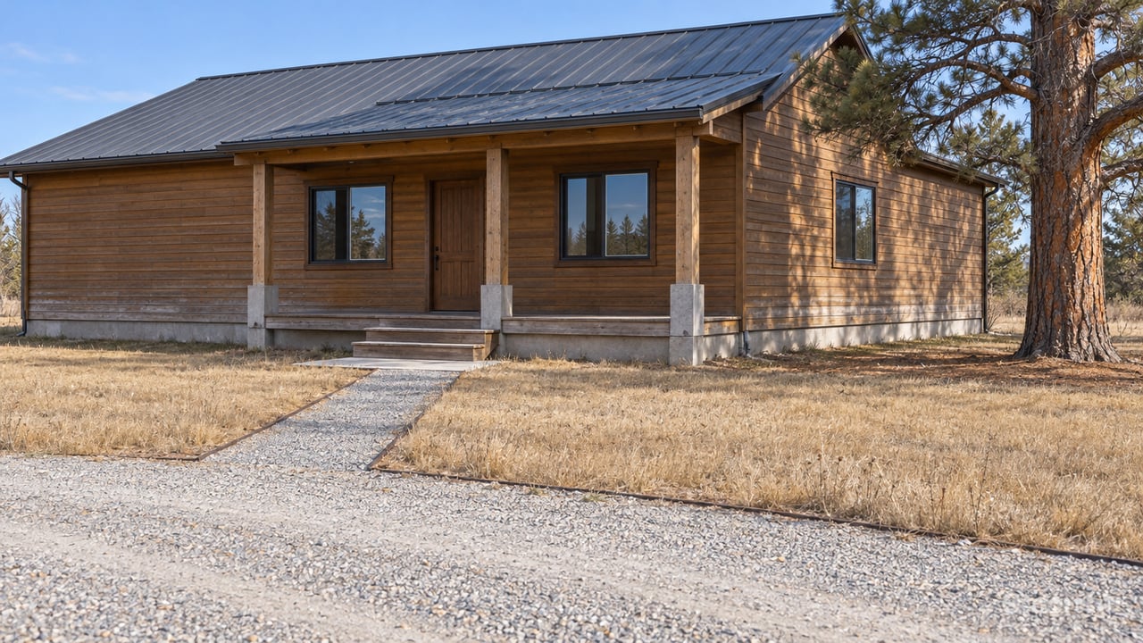 Weathered wood-sided ranch home with a metal roof and covered porch beyond a broad tawny yard and gravel approach, beside one mature pine.