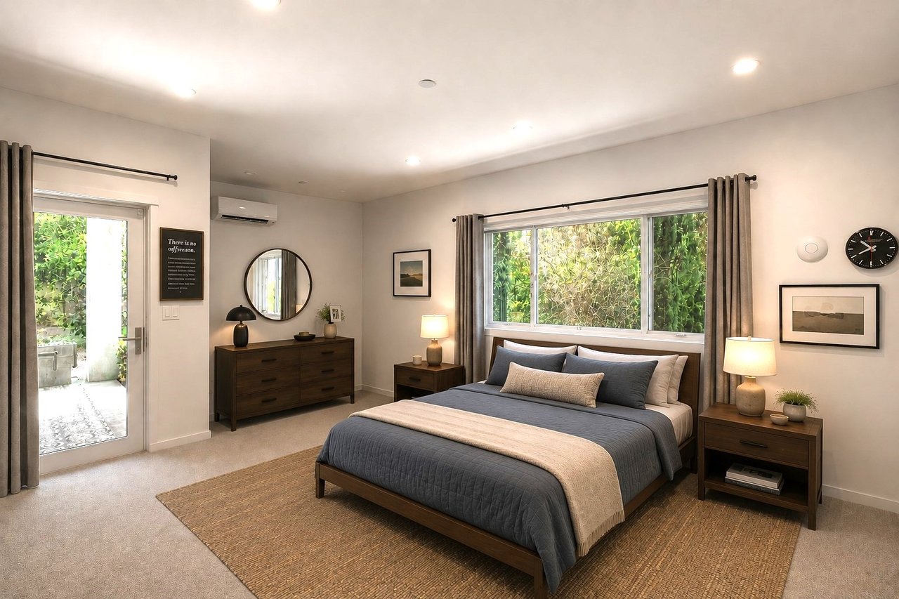 Staged bedroom with charcoal bedding, dark wood furniture, and windows facing greenery.