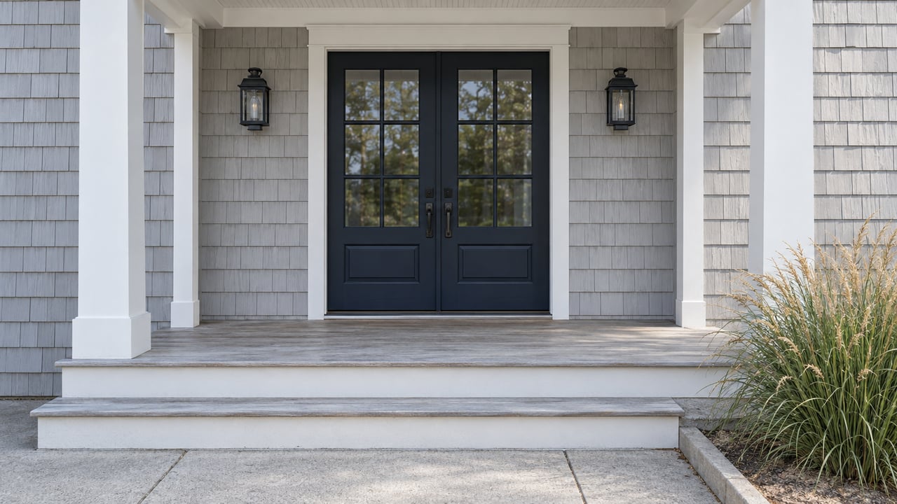 Light-gray shingled home with dark glazed double doors, pale wooden entry steps and blue-green dune grass beside a concrete approach.