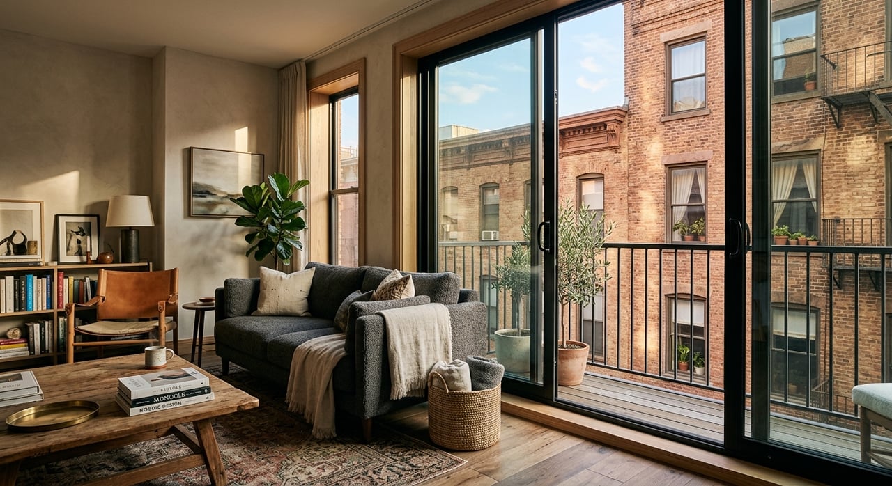 Condo balcony with lavender pots and planters, viewed through an open sliding glass door toward a nearby brick building.