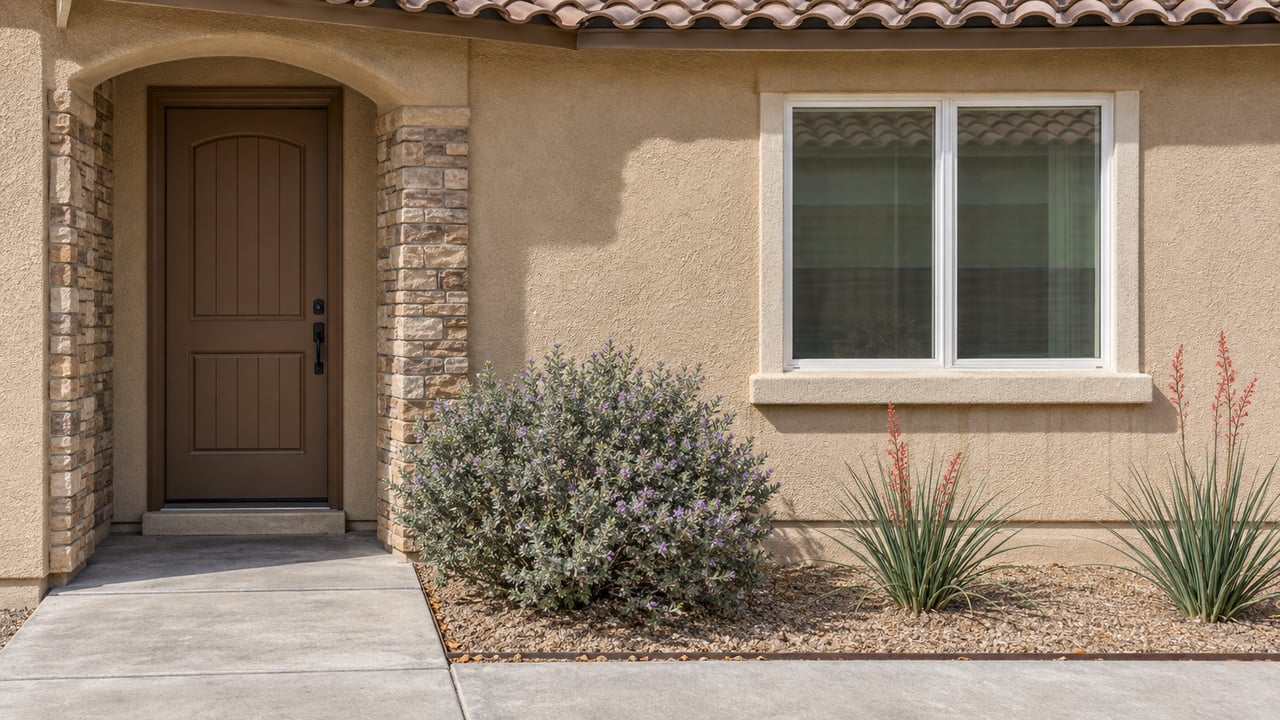 Sand-stucco entry with a recessed arched wood door, white-trimmed window, and desert plants.