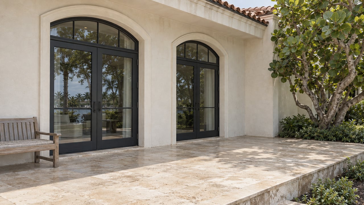 Ivory stucco loggia with arched black-framed glass doors, terracotta roof tiles, pale travertine terrace and a sculptural sea grape tree.