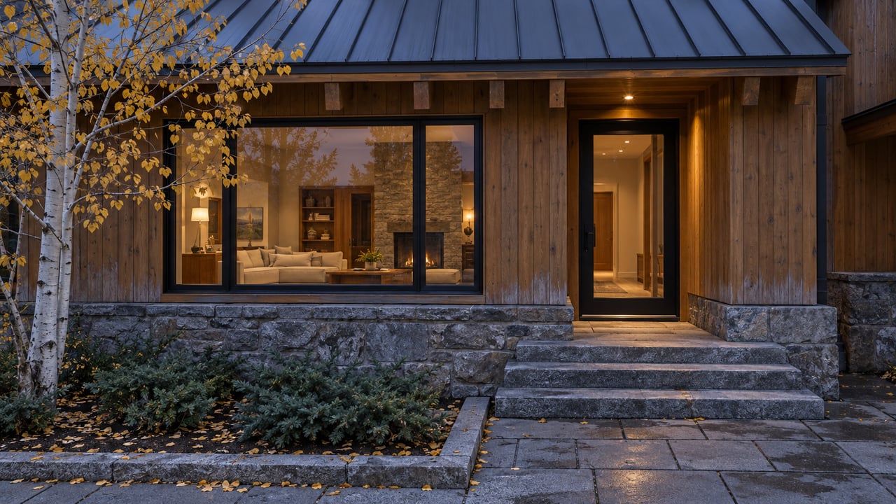 Warm illuminated windows and a glazed entry in a timber-and-stone home, with granite steps and golden aspen leaves at blue hour.