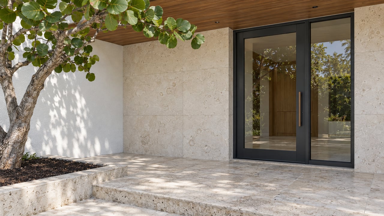 Modern building entrance with black-framed glass doors, pale stone facade, and a shaded tree.