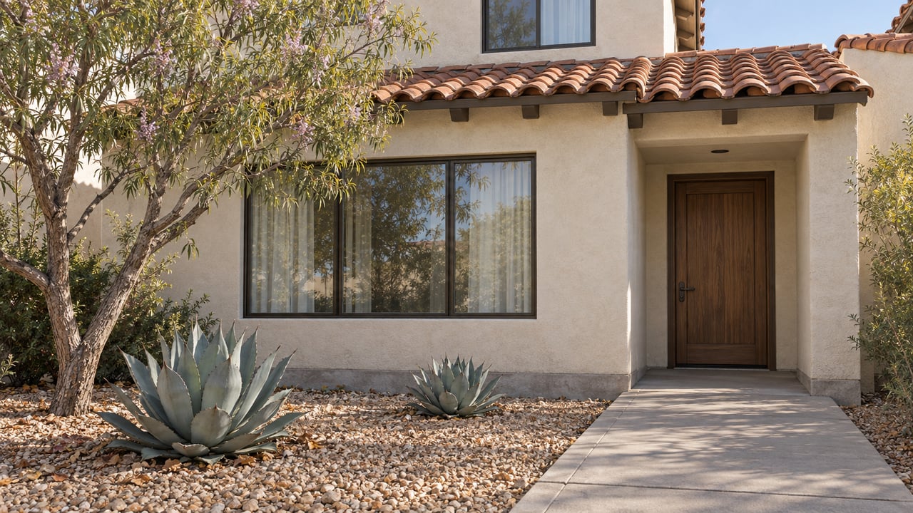 Ivory stucco home with a clay-tile roof, recessed walnut front door and a gravel garden planted with a desert willow and two sculptural agaves.