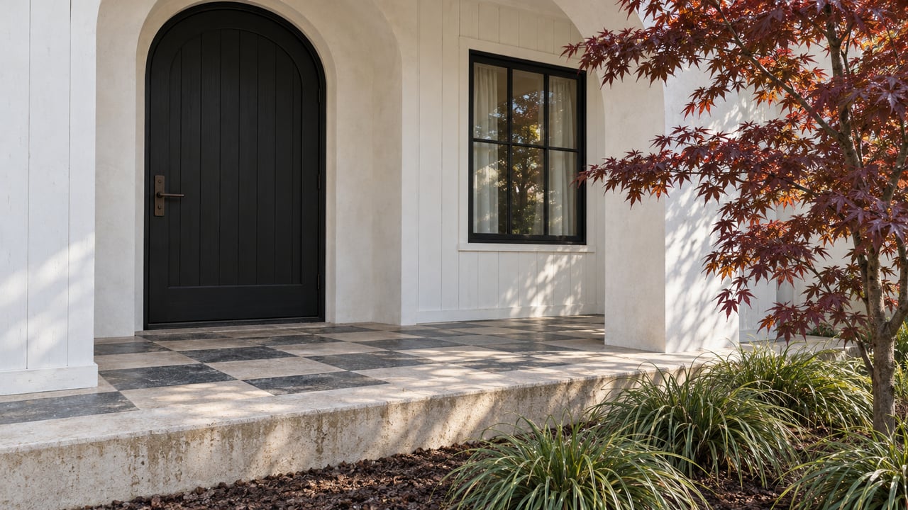 An arched black front door beneath a white covered porch, with a black-and-ivory stone landing and burgundy maple foliage.