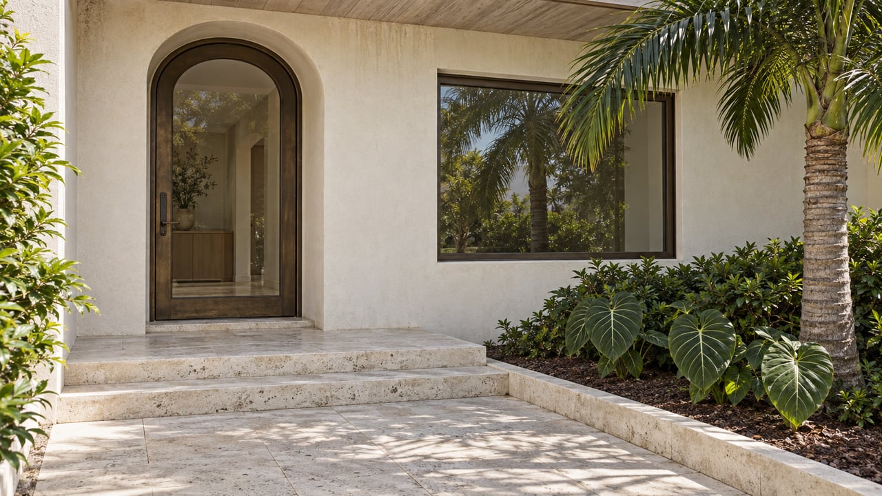 Sunlit cream-stucco home entrance with an arched bronze-framed glass door, limestone steps and a sculptural palm.