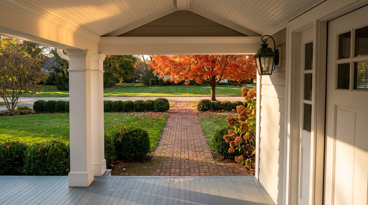 Covered porch with gray-blue floorboards, brick walkway, clipped hedges, and an orange-red maple beyond the lawn.