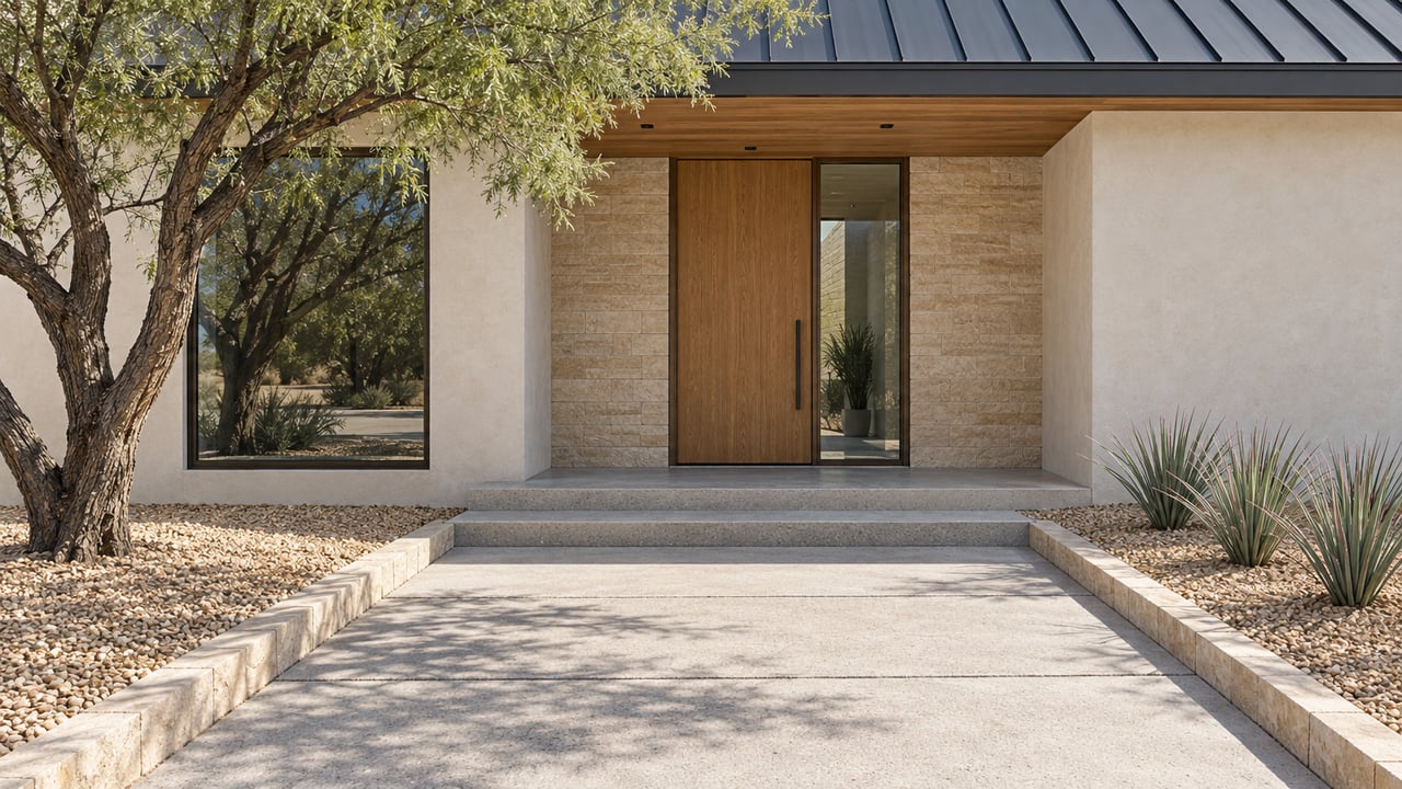 Modern home entrance with a tall wood door, stone facade, and broad concrete steps.