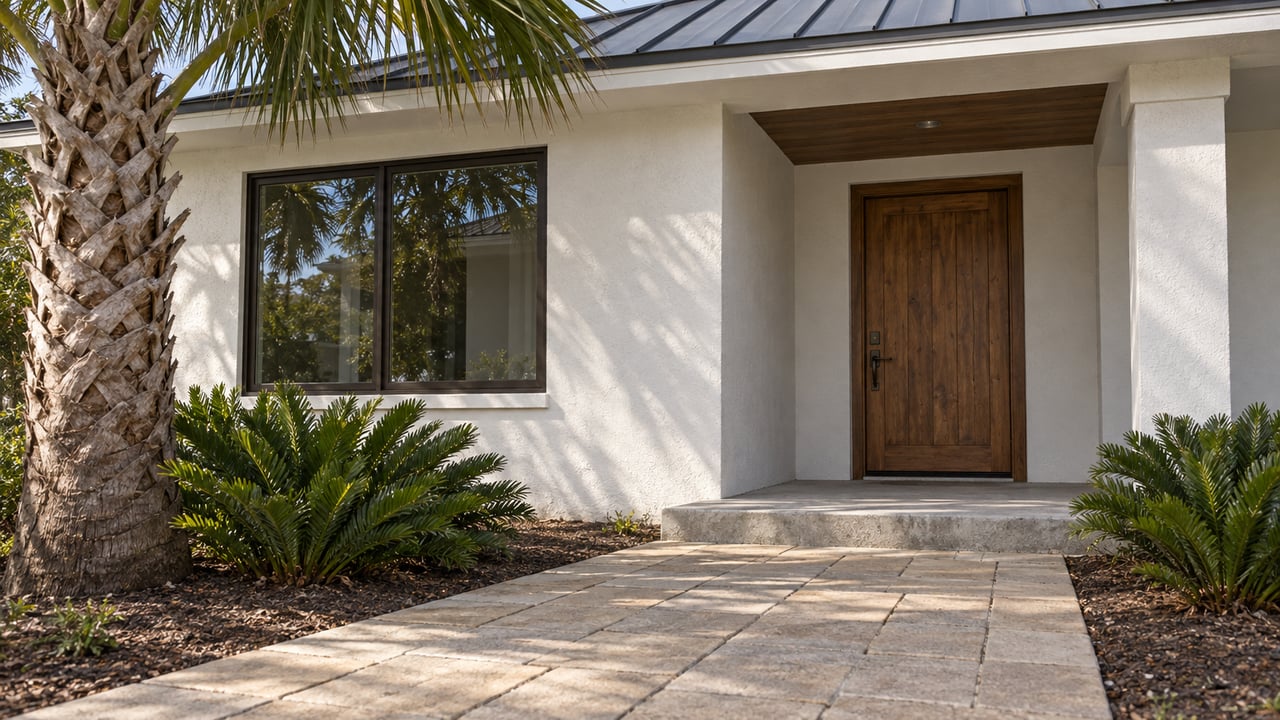White stucco coastal home with a recessed wood door, bronze-framed window, and paver walkway beneath a palmetto