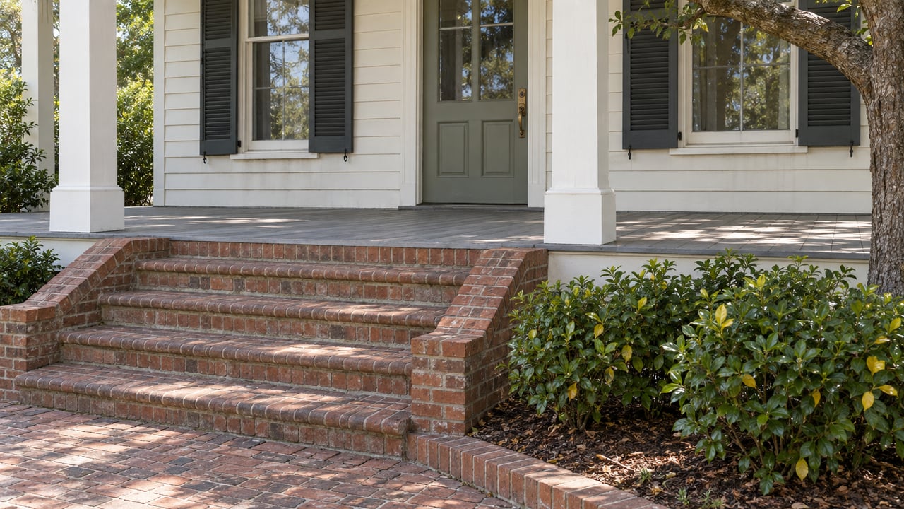 White timber house with sage entry door, paired dark shutters, a deep porch and weathered brick steps beside gardenias and a mature live oak.