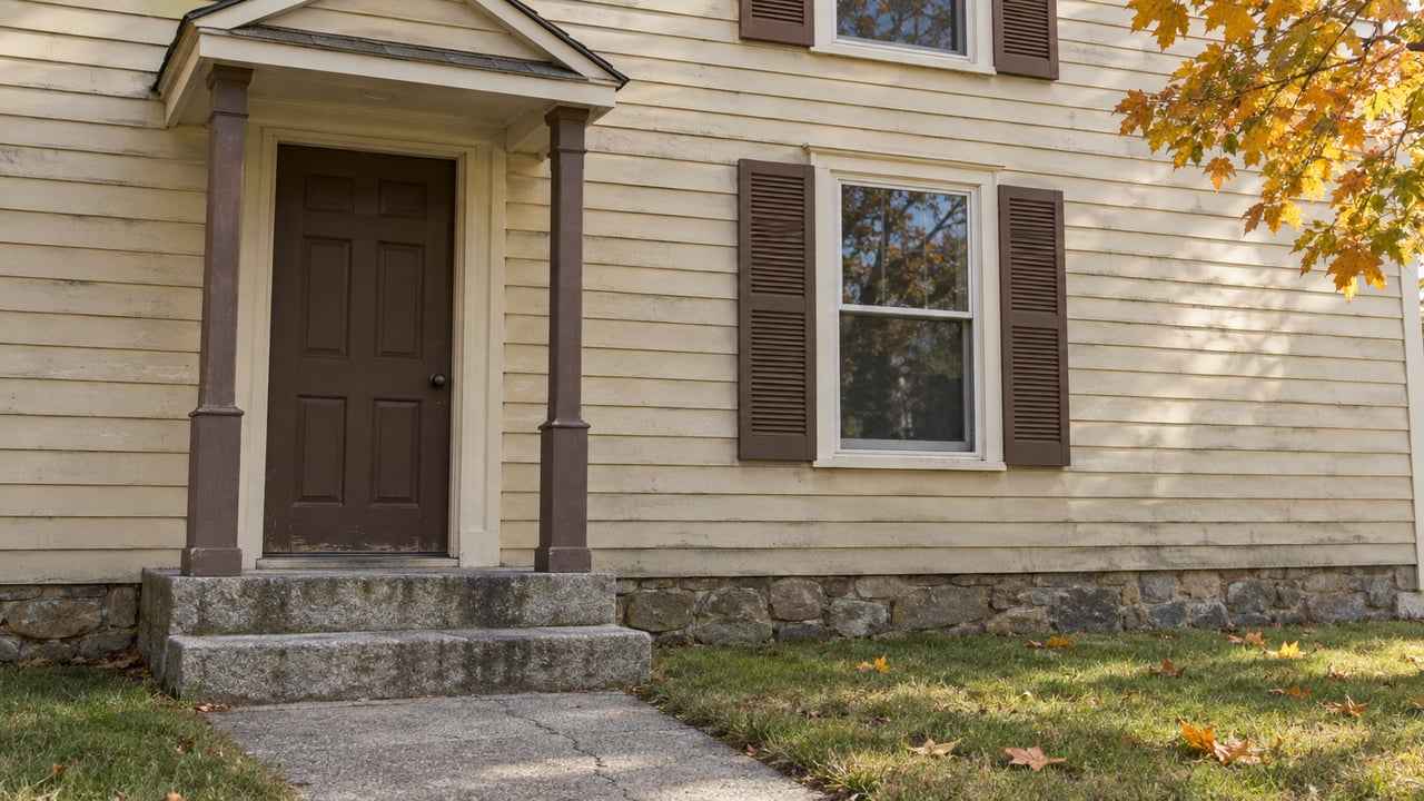 Close view of a modest clapboard house with a brown front door, granite steps, shuttered windows and autumn maple leaves.