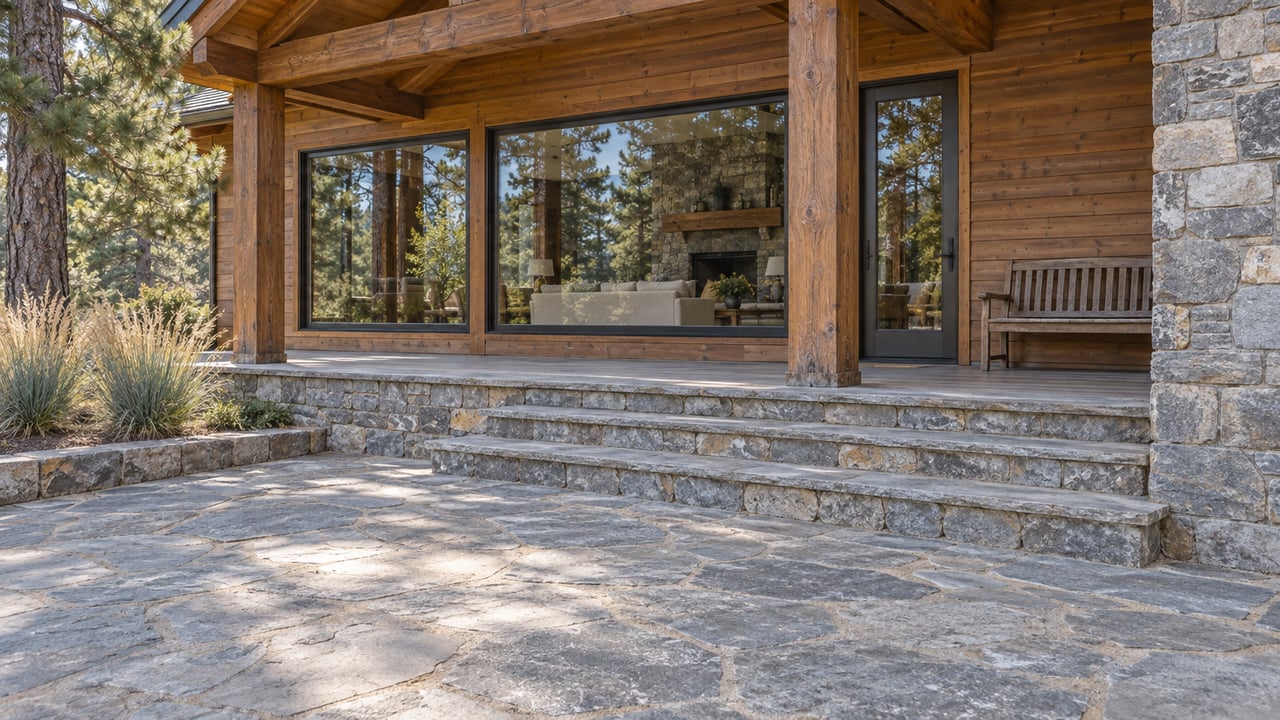 Weathered cedar and stone home with a covered timber porch, broad quartzite terrace and carefully edged native planting.