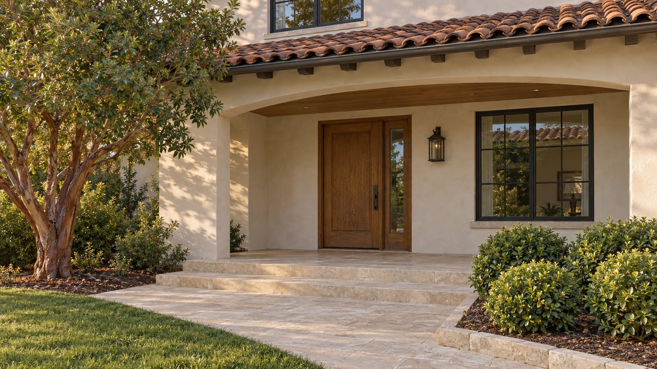 An ivory stucco home with a clay-tile porch roof, arched entrance, oak door and limestone steps beside a sculptural tree and rounded planting.