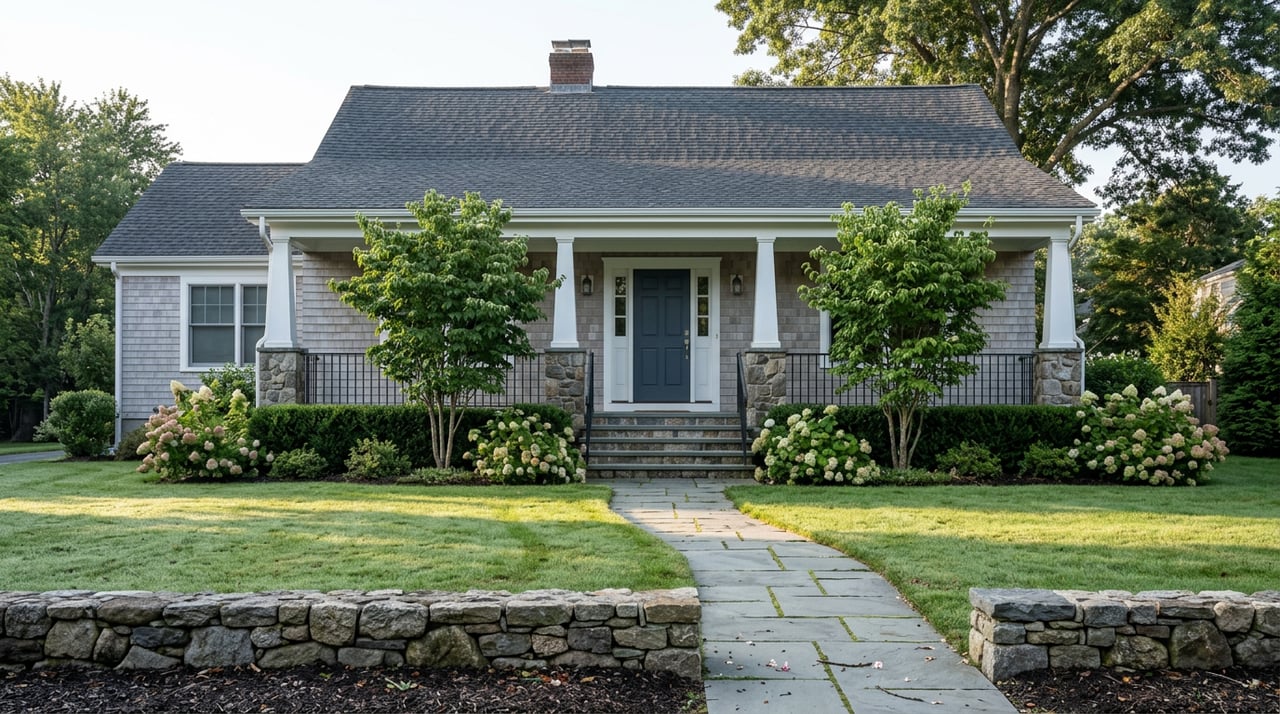 Gray-shingled home with white porch columns, blue door, flowering shrubs, lawn, and stone walk.