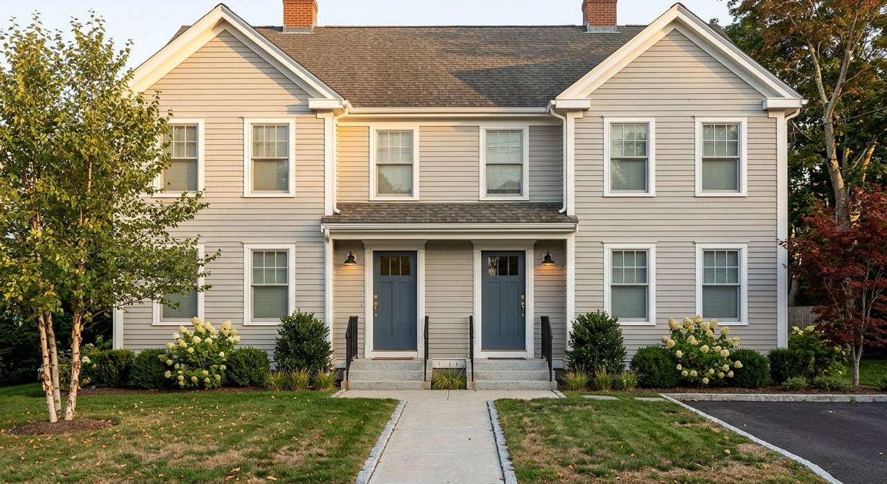 Two-family clapboard house with separate front doors, matching stoops, brick chimneys, and a shallow front lawn.