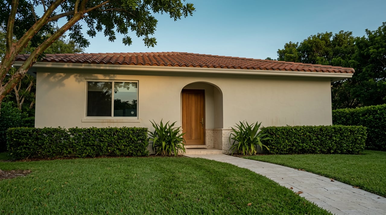 Pale stucco home with a terracotta tile roof, arched teak entry, curved paver walkway, and clipped hedge at dusk.