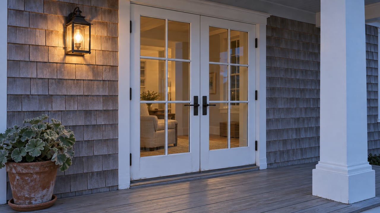 Blue-hour close view of a shingled home's covered porch, white French doors, warm iron lantern, and a potted silver-leaved pelargonium.