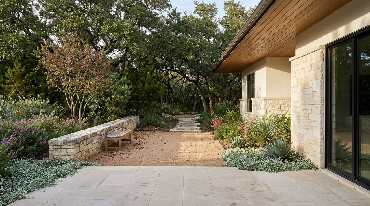 Limestone terrace path leading into an oak and juniper grove beside a stucco home with a black sliding door.
