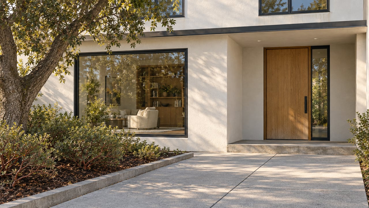 Modern home entry with honey oak door, black-framed glazing, pale concrete approach and a mature oak beside sculptural manzanita.