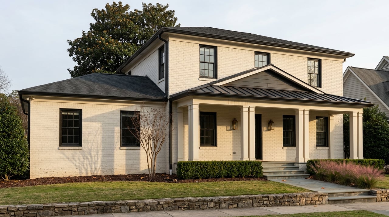 Symmetrical two-story brick house with columned portico, black windows, stone wall, hedge, and magnolia canopy.