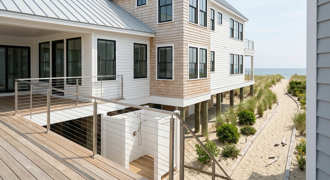 Coastal house with white clapboard siding, cedar-shingle bay, and a teak deck overlooking dune grass.