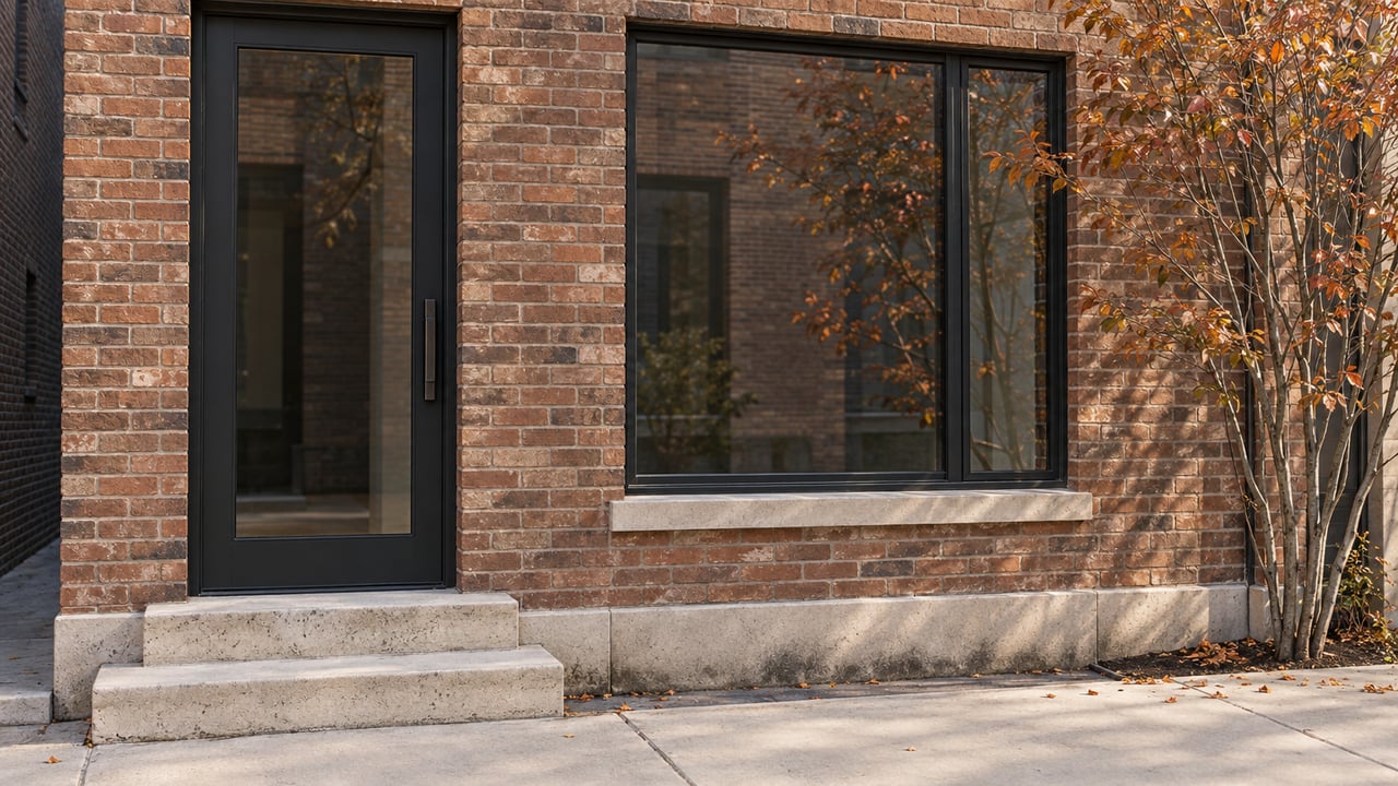 Urban townhouse entrance with a black-framed glass door and window, brick facade, limestone steps, and sparse russet leaves.