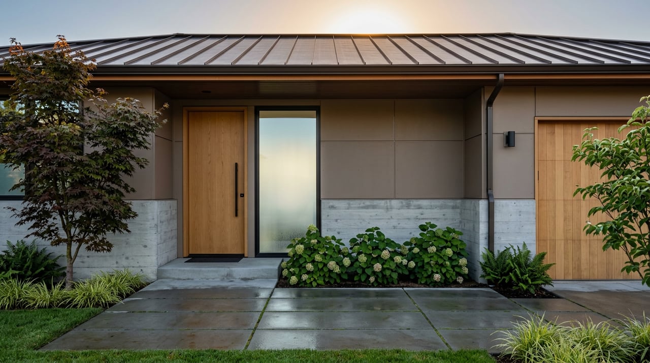 Modern home entry with oak door, cedar garage, wet concrete path, and leafy plantings beneath a sunrise-lit roofline.