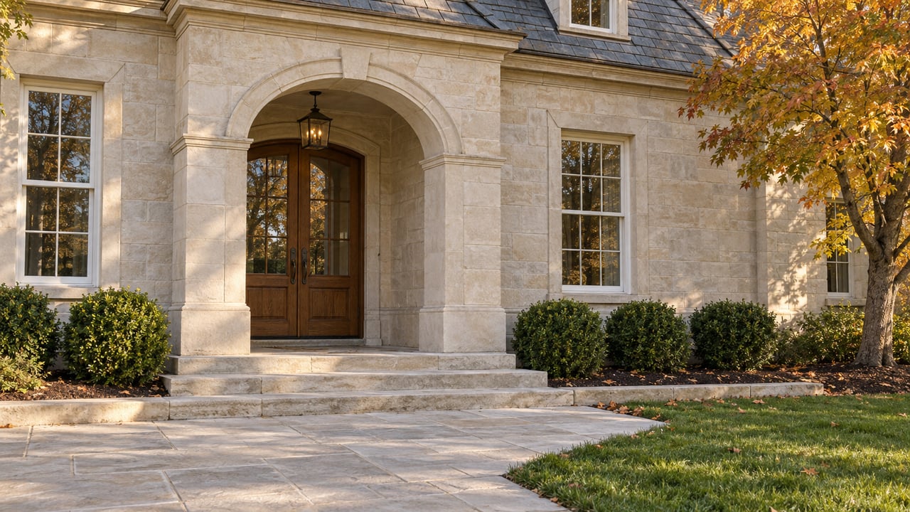 Pale limestone home with an arched covered entry, glazed oak double doors, slate roof and clipped shrubs beside a sunlit stone approach.
