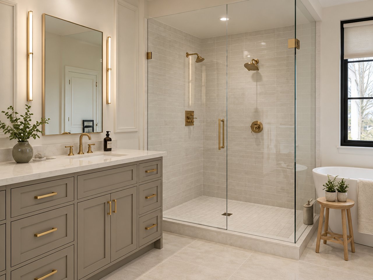 Bathroom with a gray double vanity and brass fixtures beside a tiled glass walk-in shower.