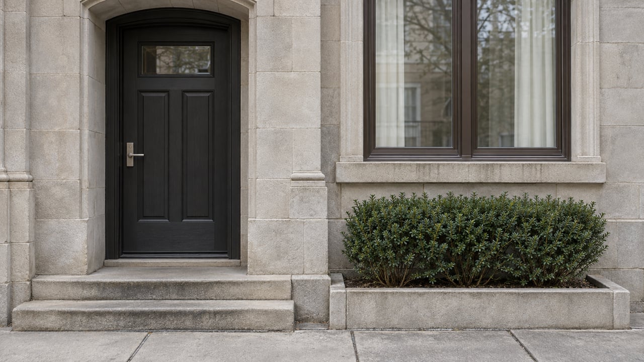 Gray stone residential facade with a recessed dark door, tall window, worn entry steps, and a compact yew in a limestone planter.