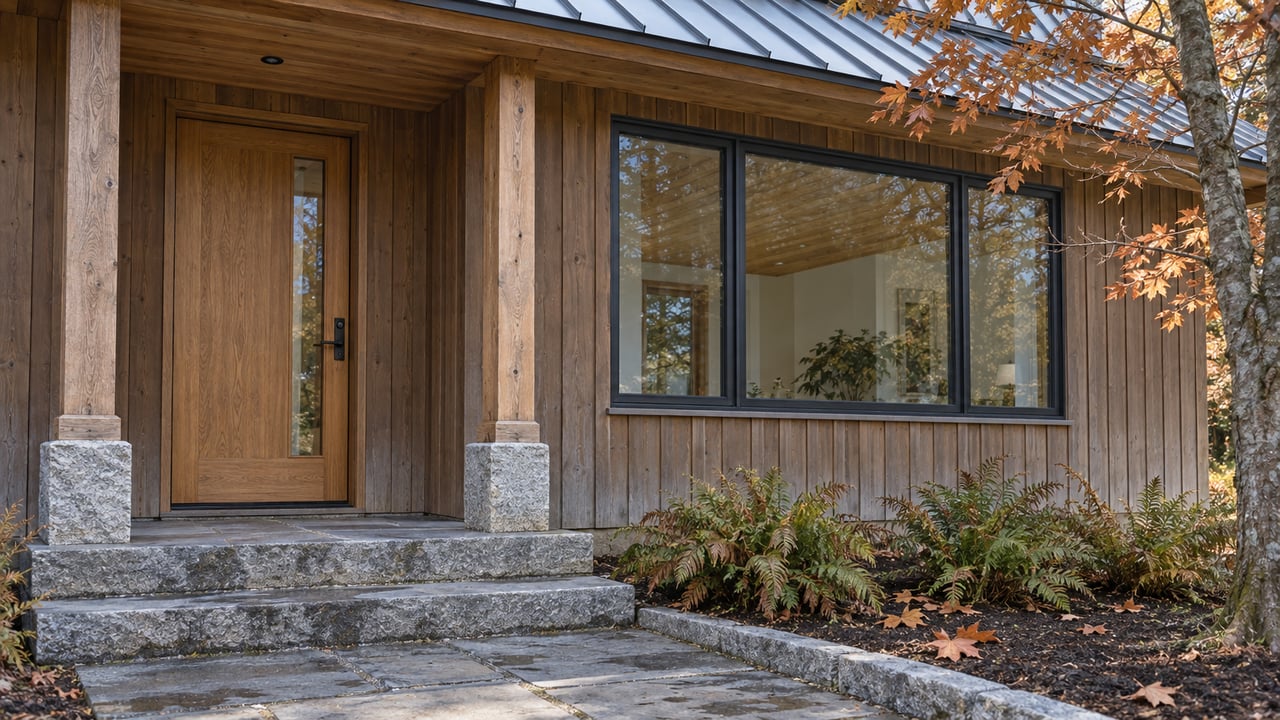 Timber-clad home entrance with granite steps, a black-framed window and copper maple leaves.
