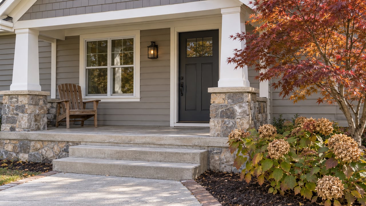 Gray Craftsman porch with stone-based white columns, concrete steps and an autumn Japanese maple beside oakleaf hydrangeas.