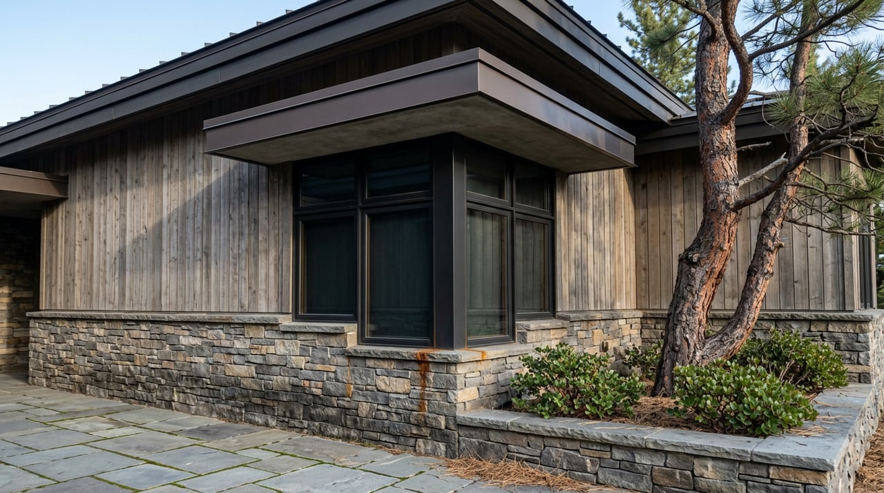 Modern condominium bay with silvered cedar siding, ledgestone base, black steel windows, and a sculptural pine in a planter.
