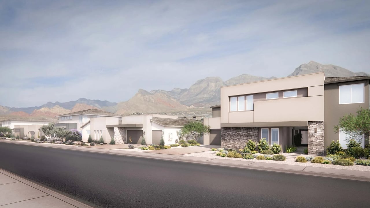 Lennar rendering of Legacy at The Preserve in Las Vegas, showing contemporary homes with desert landscaping and mountains in the background.