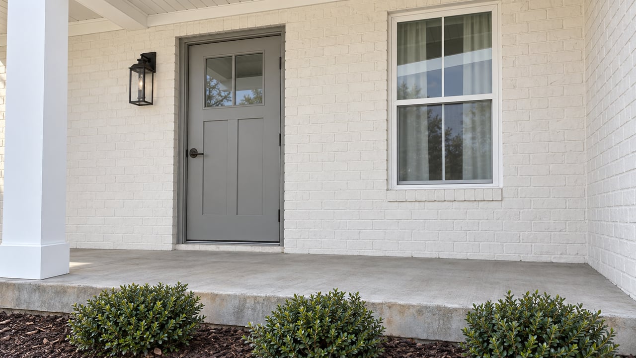 Covered entry with a gray glazed door, warm-white brick, white-trimmed window and a raised concrete porch above three inkberry shrubs.