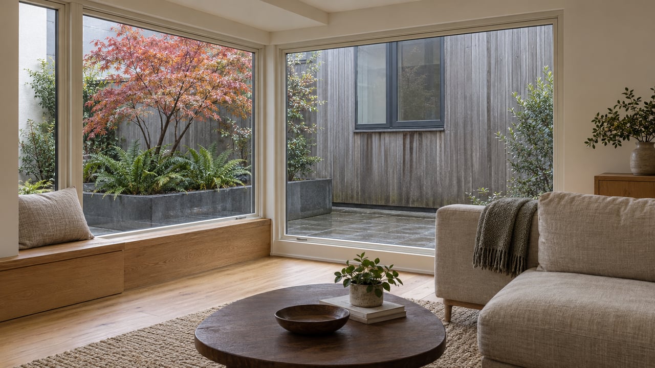 A softly daylit living room with oak floors, a linen sofa, and corner windows overlooking a copper-leaved maple in a small courtyard.