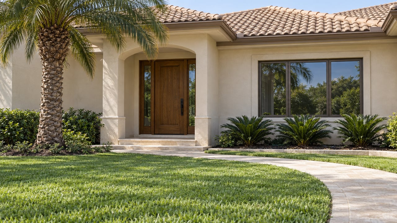 Ivory stucco home with a buff tile roof, recessed oak entry, curved limestone walk and a specimen palm beside a deep lawn.